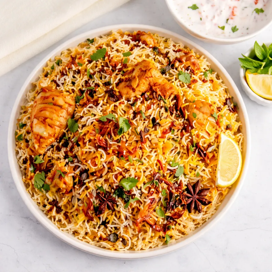 Chicken Biryani at Aanchal Indian Restaurant & Bakery Edmonton — Aromatic Basmati Rice with Tender Chicken
